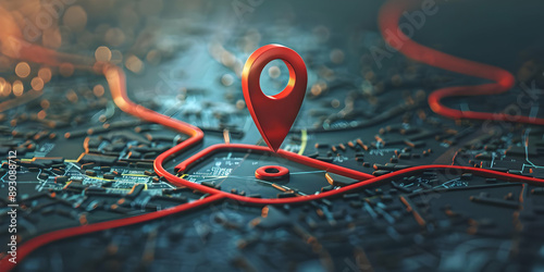 A digital map with a red location pin highlighting a specific area. Illustrated map navigation concept with depth of field effect.