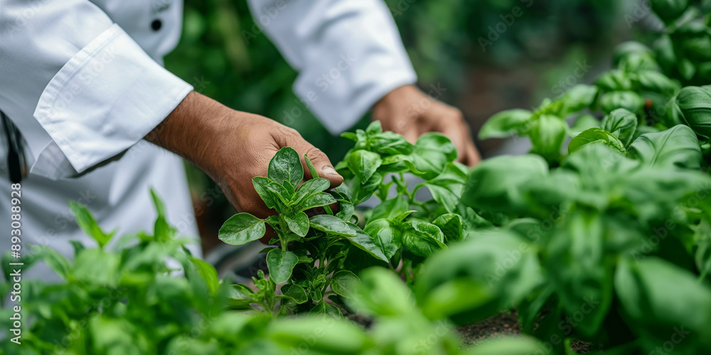 Chef Harvesting Fresh Basil from Organic Garden for Culinary Preparation Chef Harvesting Fresh Basil from Organic Garden for Culinary Preparation