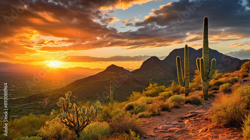 Sunset Over Cactus in Sonoran Desert Hill photo