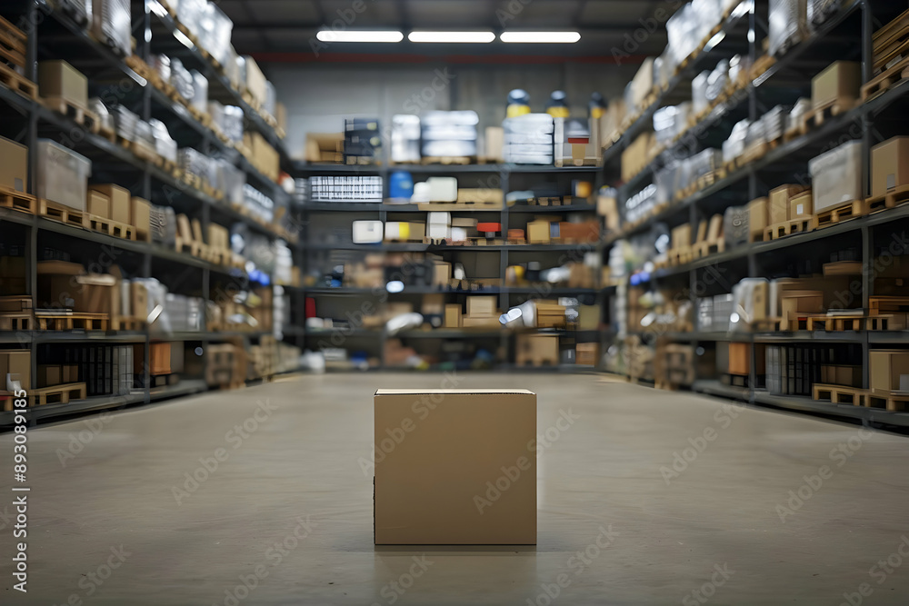 Cardboard box on warehouse floor surrounded by shelves of inventory, exemplifying logistics, storage, and inventory management. Cardboard box on warehouse floor surrounded by shelves of inventory, exemplifying logistics, storage, and inventory management.
