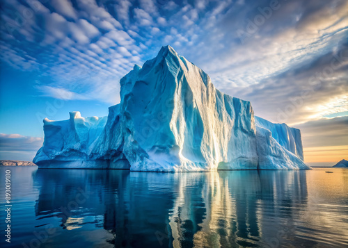 Massive iceberg floats serenely in the icy blue waters of the Arctic ocean, its rugged edges and towering vertical face glistening in the soft sunlight.