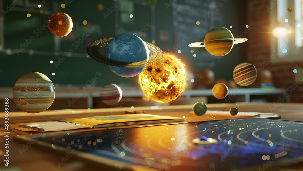 Colorful solar system model in classroom setting, illustrating planets ...