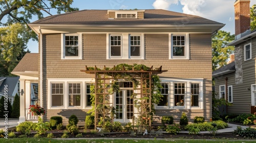 Straight front view of a Cleveland house in Colonial Revival style with a light brown exterior and white window trims, featuring a light brown trellis with climbing plants, summer afternoon. © Nairobi 