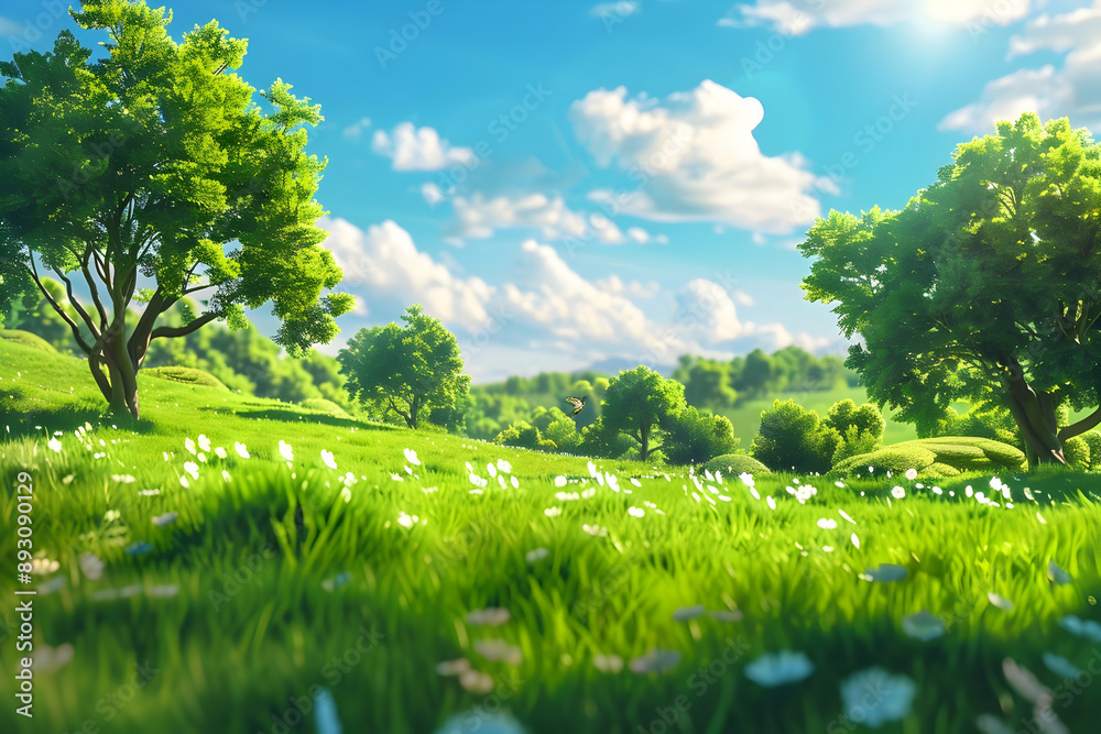 Fototapeta premium Lush green meadow under a bright blue sky with fluffy white clouds, surrounded by vibrant trees and wildflowers, creating a serene landscape.