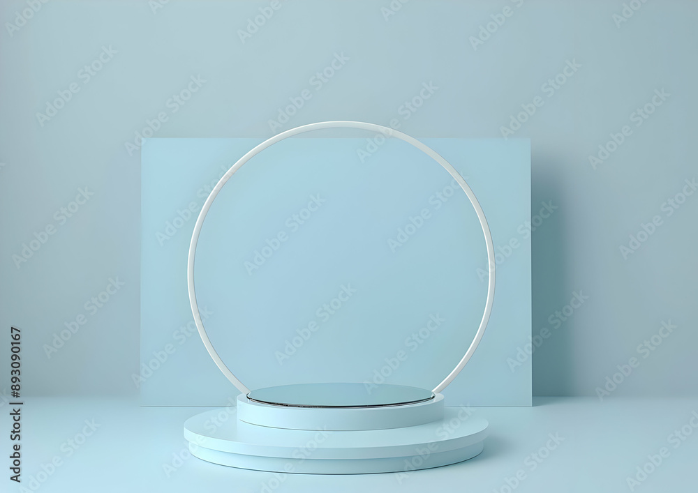 Minimalist abstract geometric display with a circular frame and pedestal in soft blue tones. Ideal for modern design backgrounds. Minimalist abstract geometric display with a circular frame and pedestal in soft blue tones. Ideal for modern design backgrounds.