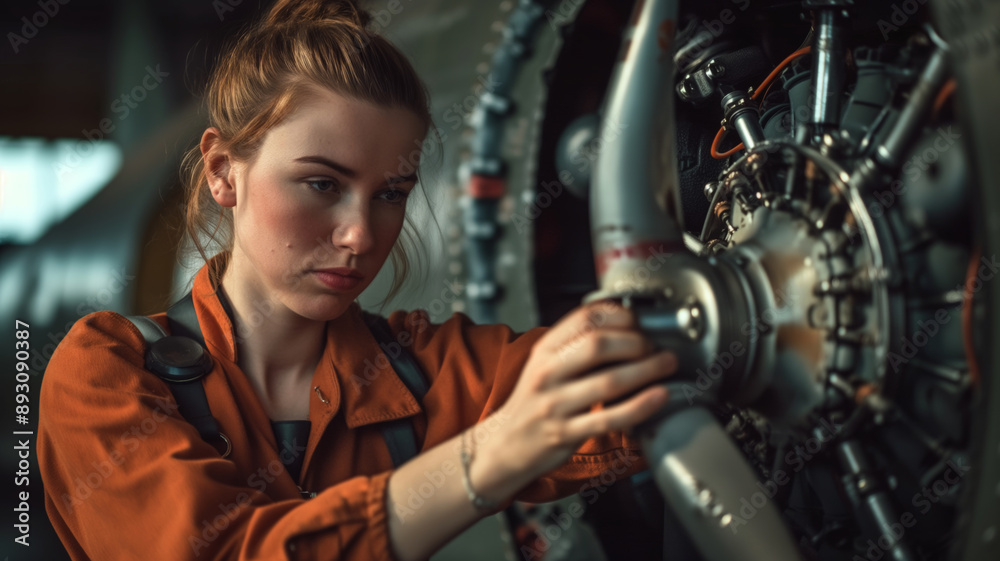 A Female Mechanic's Focus: Precision Work on a Vintage Helicopter Propeller A Female Mechanic's Focus: Precision Work on a Vintage Helicopter Propeller