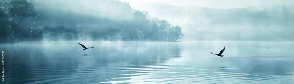 Birds flying over a tranquil lake close up, focus on, copy space Soft blue tones Double exposure silhouette with birds and water Birds flying over a tranquil lake close up, focus on, copy space Soft blue tones Double exposure silhouette with birds and water