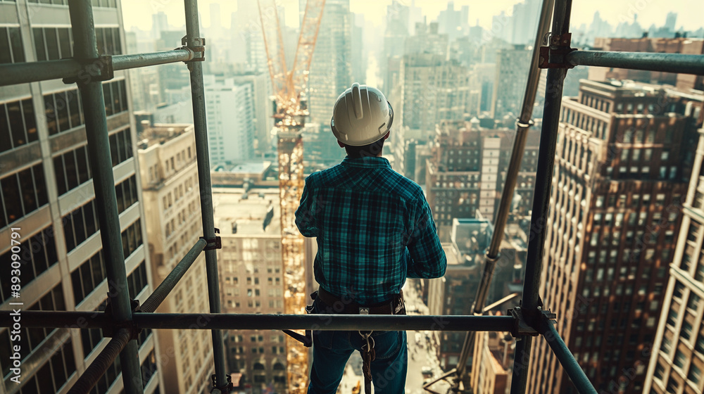 A wearing worker in a high-rise building, looking out over the city from a scaffolding platform. The scene shows a bustling cityscape with the worker preparing A wearing worker in a high-rise building, looking out over the city from a scaffolding platform. The scene shows a bustling cityscape with the worker preparing