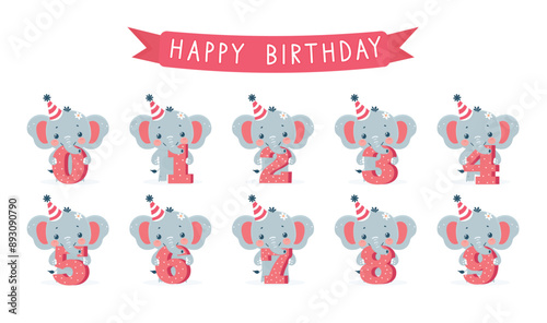 birthday elephant with numbers from 0 till 9 isolated on white background