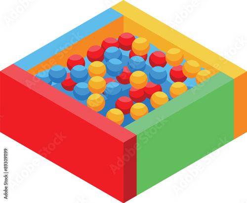 Colorful ball pit full of colorful plastic balls is presented isometrically on white background