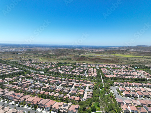 Aerial view of middle class community identical condominium houses, Lake Forest, South California, USA.