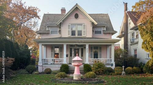 Straight front view of a Cleveland house in Colonial Revival style with a light pink facade and white shutters, featuring a light pink bird feeder in the front yard, autumn morning.