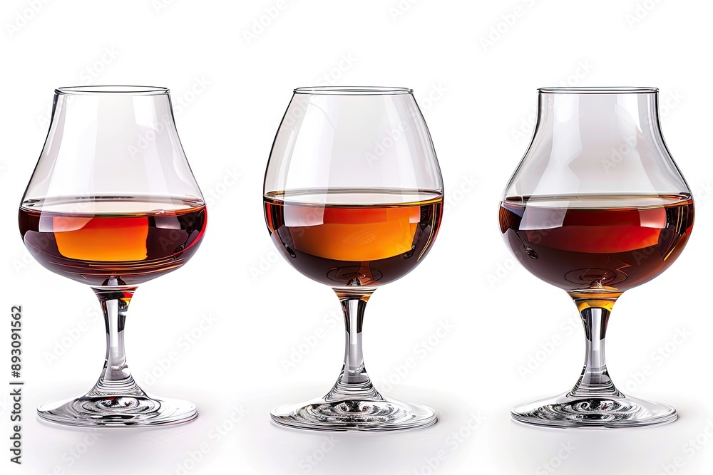 Three glasses of amber liquid on a white background showcasing different shapes and styles Three glasses of amber liquid on a white background showcasing different shapes and styles