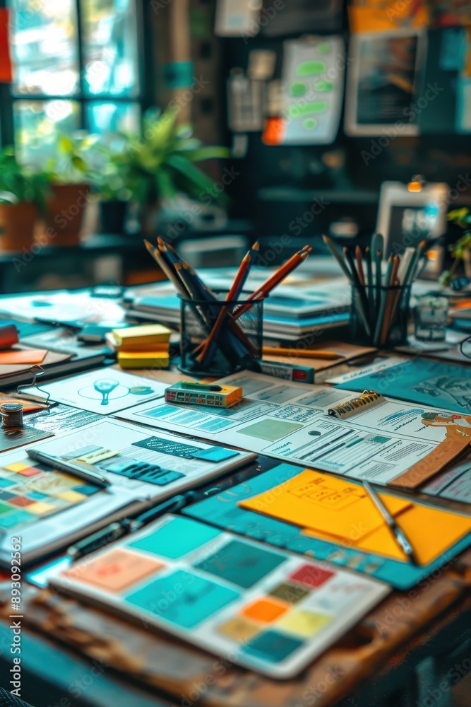 A table with a lot of writing and drawing supplies A table with a lot of writing and drawing supplies