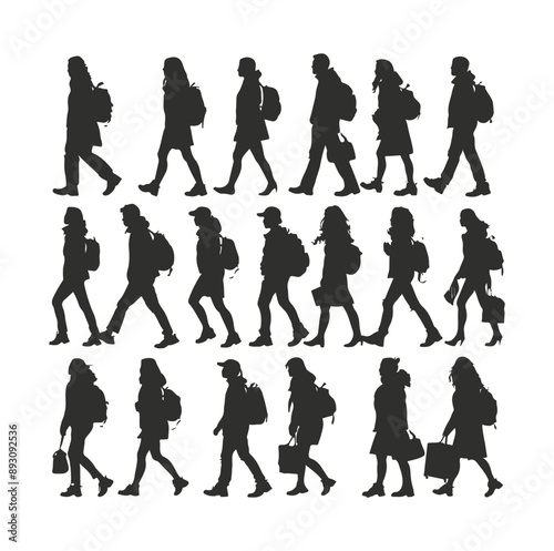 collection silhouettes of people walking while carrying backpacks ,generative ai
