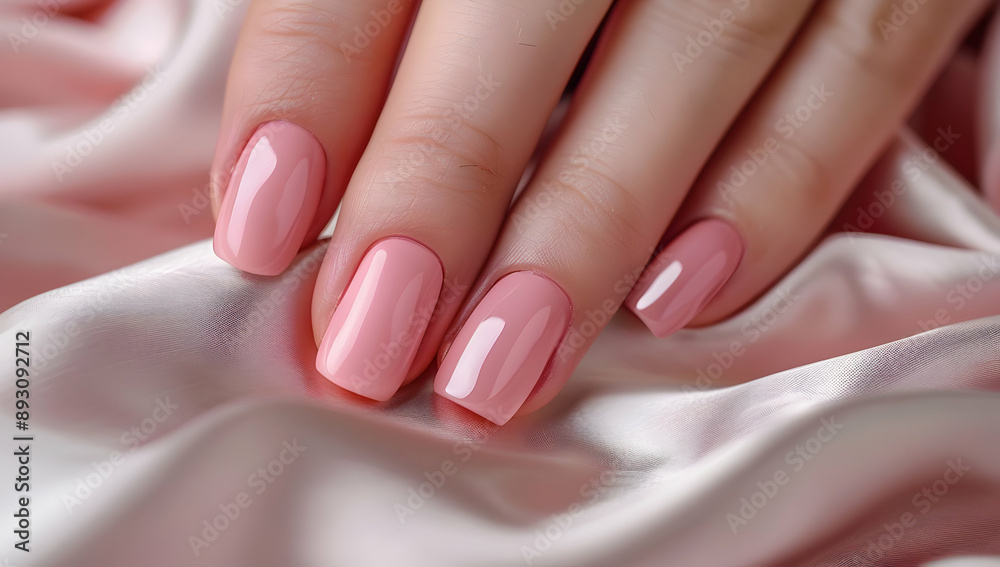 Close-up of perfectly manicured nails with glossy pink polish resting on a silky fabric background. Close-up of perfectly manicured nails with glossy pink polish resting on a silky fabric background.