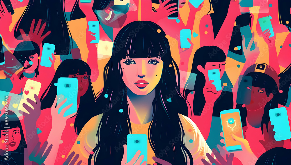 Colorful illustration of a young woman in a crowd, each person holding a smartphone, showcasing modern digital connectivity and social media. Colorful illustration of a young woman in a crowd, each person holding a smartphone, showcasing modern digital connectivity and social media.