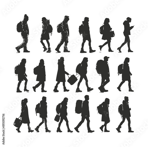 collection silhouettes of people walking while carrying backpacks ,generative ai
