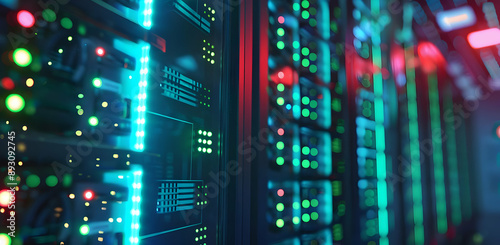 Close-up view of data servers illuminated with vibrant lights in a data center, showcasing modern technology and network infrastructure.