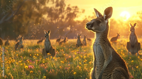 A Group of Kangaroos Standing In a Field With the Sun Setting Behind Them - Generative AI photo