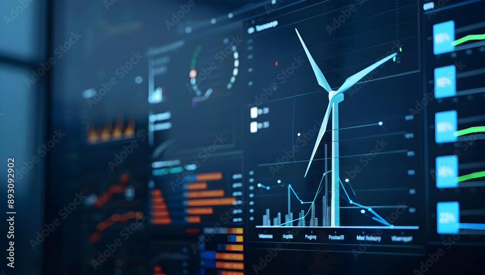 Digital dashboard with wind turbine and data analytics, showcasing ...