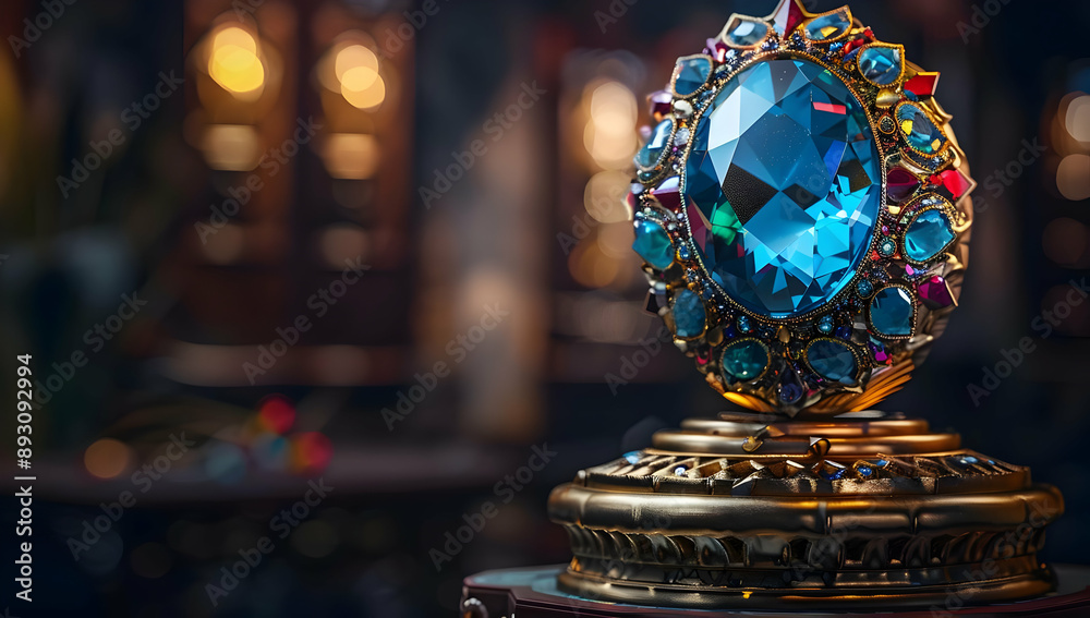 Elegant jeweled ornament with large blue gemstone and intricate design, showcased in a luxurious setting with warm ambient lighting. Elegant jeweled ornament with large blue gemstone and intricate design, showcased in a luxurious setting with warm ambient lighting.