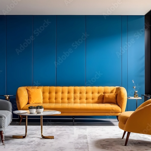 A bright yellow couch and blue walls in the living area create an airy, contemporary vibe. 