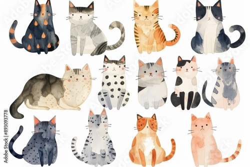 watercolor cats each with unique pattern