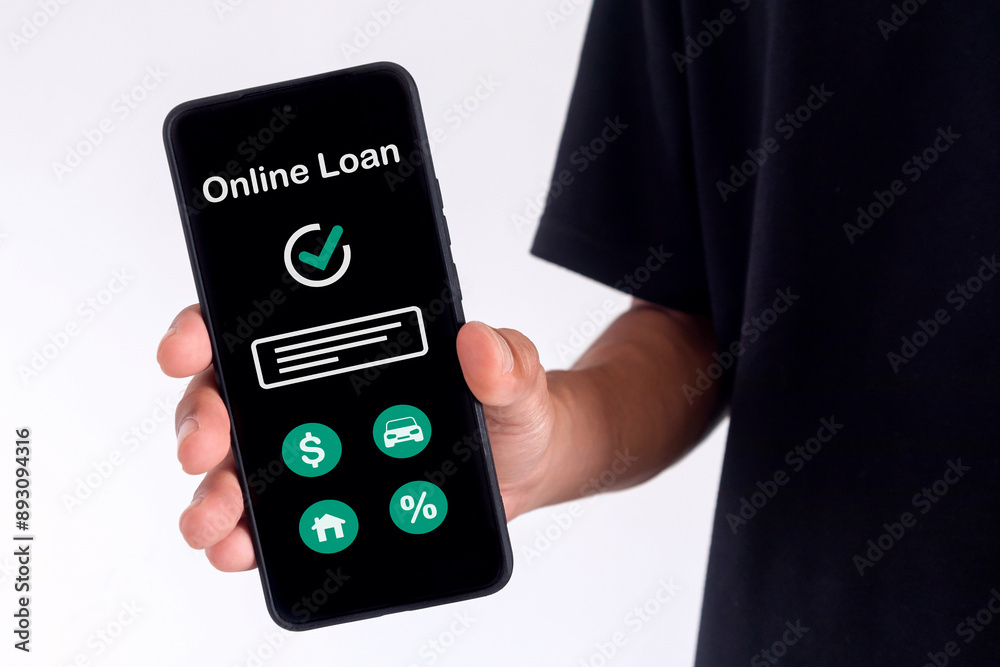 Man holding a smartphone with online loan application on screen. Financial lending by mobile application. Man holding a smartphone with online loan application on screen. Financial lending by mobile application.