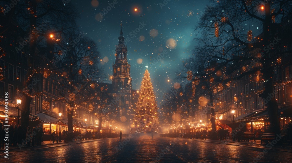 Fototapeta premium A City Street With a Christmas Tree Lit up in the Middle of It - Generative AI