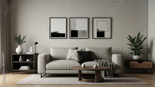 Aesthetic bright sunny elegant home living room interior design with comfortable lounge chair, hat, side table, flowers bouquet, shelf with decorations. interior design