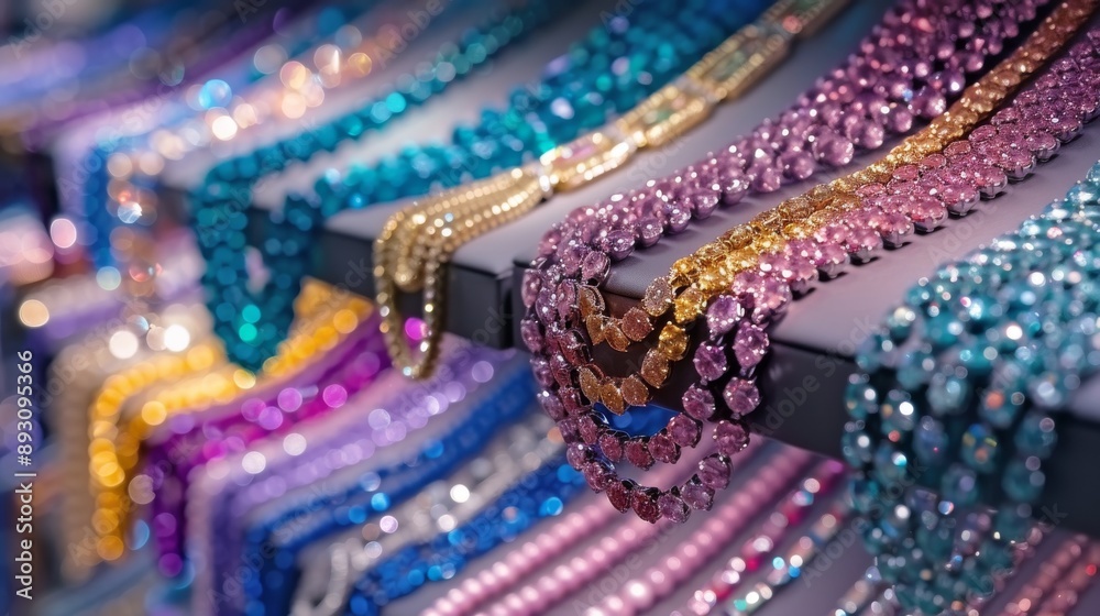 A Row of Colorful Necklaces and Bracelets on Display in a Store - Generative AI A Row of Colorful Necklaces and Bracelets on Display in a Store - Generative AI