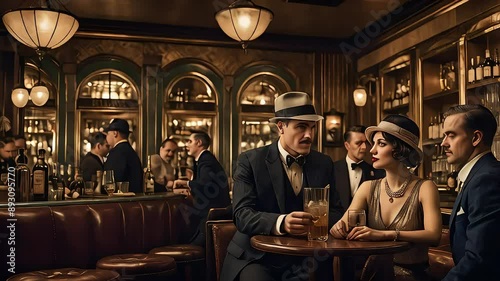 Vintage Speakeasy Poster Animation. Hidden Bars and Stylish Patrons. Dynamic 1920s Art Style. Experience the Mystery of Vintage Speakeasy Posters in This Dynamic Video. photo