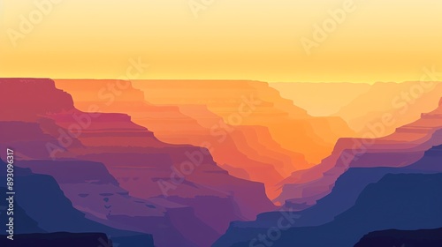 A stylized illustration of a canyon at sunset. © Copi