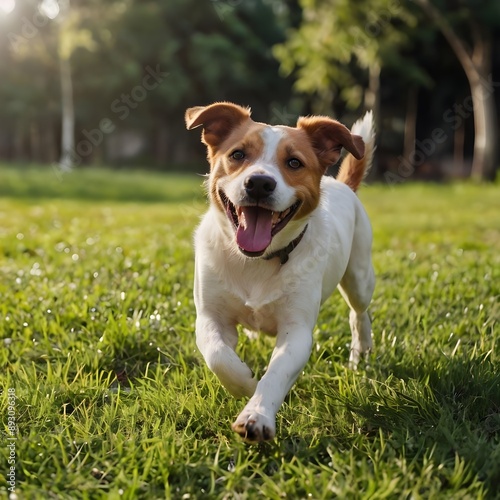 Happy pet dog playing on green grass lawn in full length portrait on summer day Generative AI 