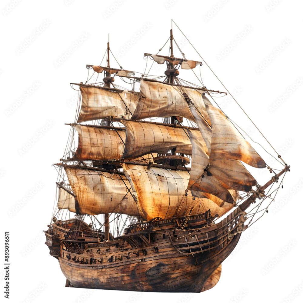 Fototapeta premium Sailing old pirate ship made with wood isolated on a transparent background