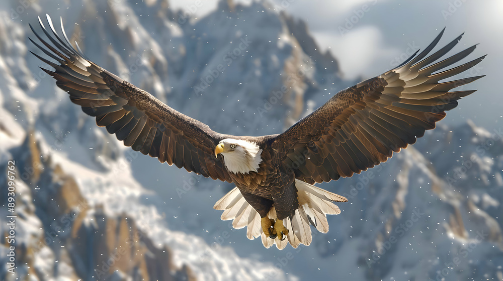Obraz premium Bald Eagle in Flight with Snowy Mountain Background