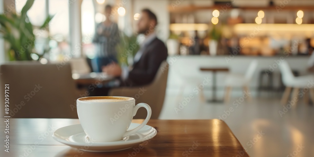 A businessperson having a casual conversation over coffee in an office lounge, with the lounge blurred in the background. 