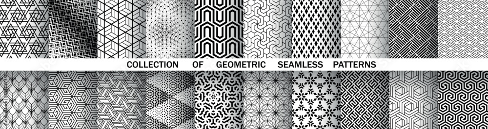 Geometric set of seamless black and white patterns. Simple vector graphics. Geometric set of seamless black and white patterns. Simple vector graphics.