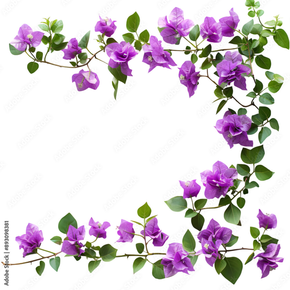 Purple bougainvillea flowers horizontal border with leaves and plants isolated on a transparent background Purple bougainvillea flowers horizontal border with leaves and plants isolated on a transparent background