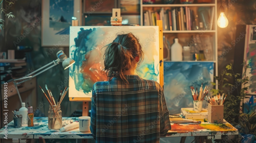 Artistic process: back view of a woman painting at her workspace, filled with creativity. Artistic process: back view of a woman painting at her workspace, filled with creativity.