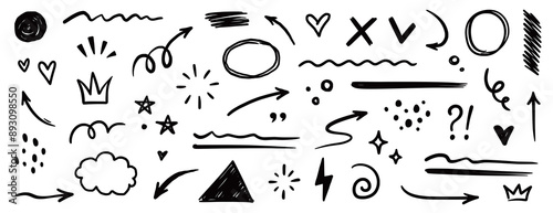 Line shape marker underline, arrow, heart brush element set. Hand drawn sketch marker underline shape, arrow, heart scribble brush pen stroke element. Crown, love graphic icon. Vector illustration