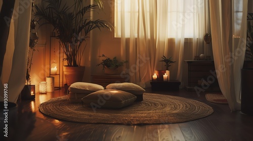 A cozy, candlelit room with pillows and plants. photo