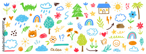 Cute kid flower, cloud, summer illustration. Hand drawn doodle sketch children cute vector school chalk background. Kids doodle crayon style line flower, cloud doodle pattern. Vector illustration