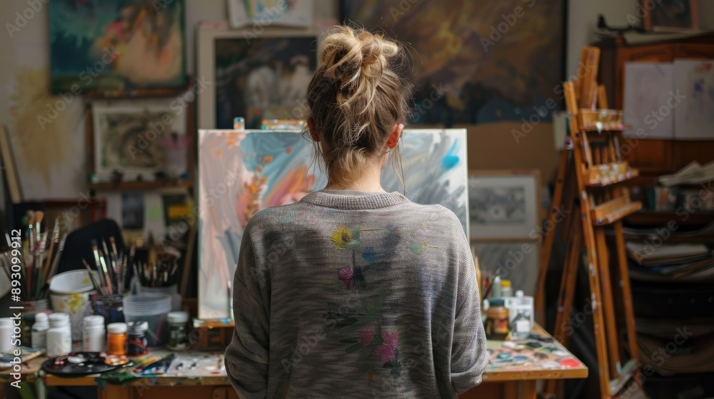 Back view of a woman artist painting at her workspace, capturing her creative process Back view of a woman artist painting at her workspace, capturing her creative process