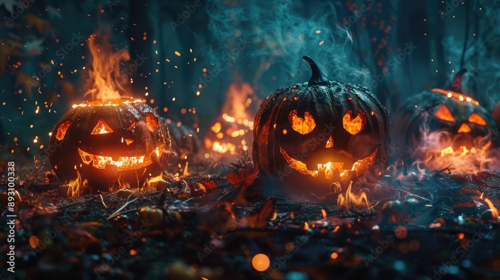 Burning pumpkins and glowing Jack O' Lanterns in a forest under the moonlight for Halloween. Burning pumpkins and glowing Jack O' Lanterns in a forest under the moonlight for Halloween.