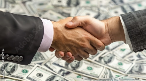 Business deal confirmed with a handshake, showing the exchange of money and financial papers.