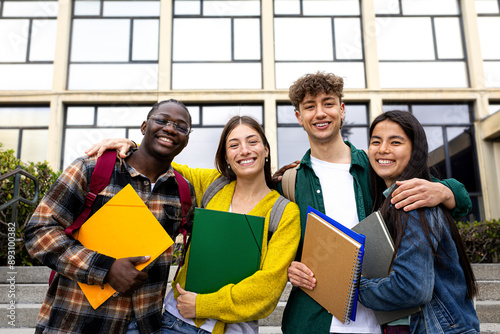 Happy and smiling multiracial college students standing in front of university building looking at camera embracing.