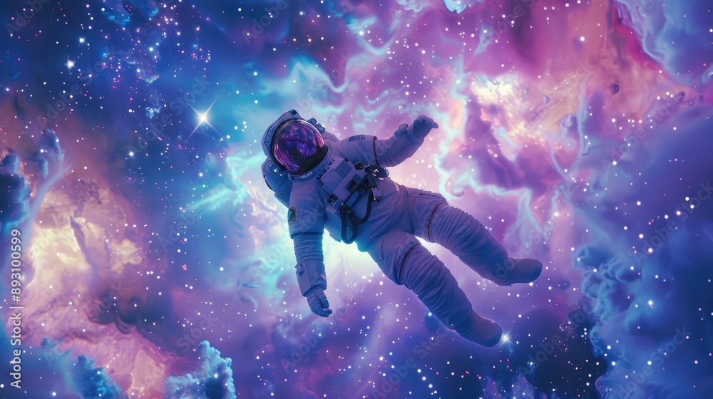 Fototapeta premium Celestial dreamer: astronaut in spacesuit floating in a starry, cosmic space environment.