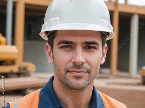 A close-up portrait of a construction worker wearing a hard hat, with a confident expression on their face